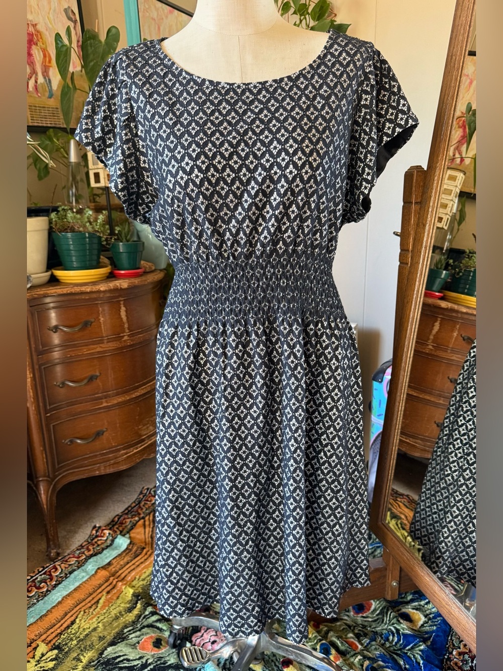 American Rag Cie Black metallic silver argyle print Fit & Flare Dress – 1X
